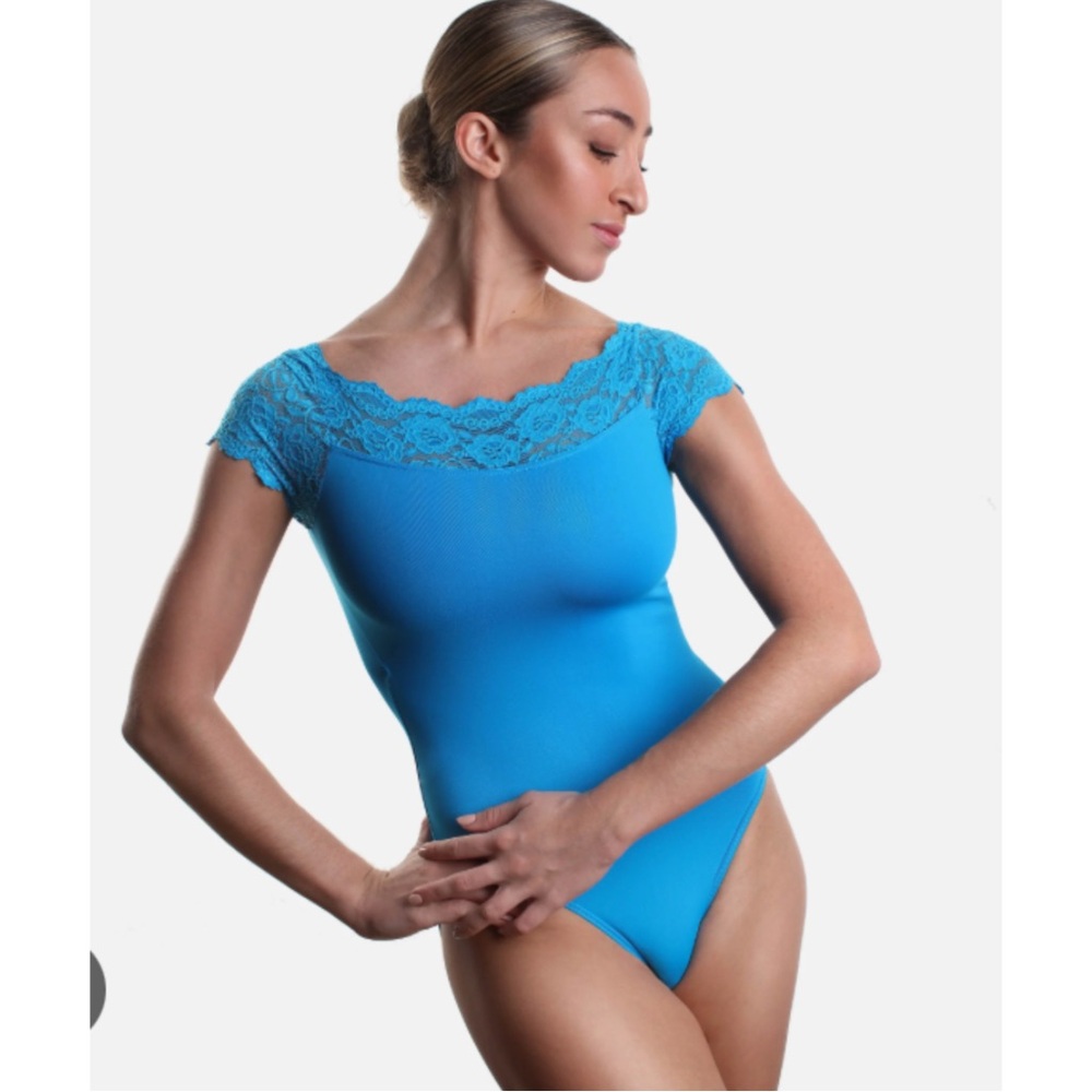Girls 8-10 SoDanca lace detail cap sleeve leotard